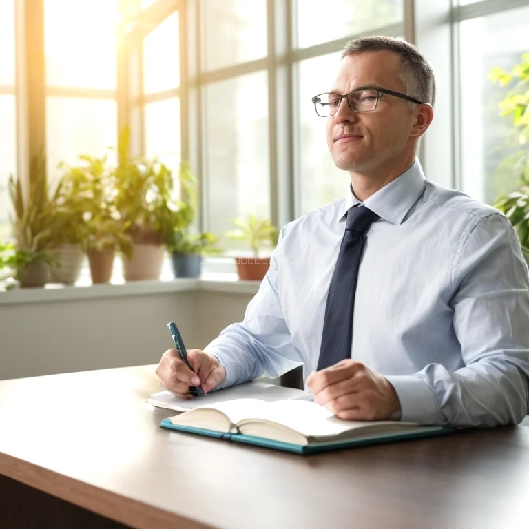 Executive meditating with serene nature backdrop